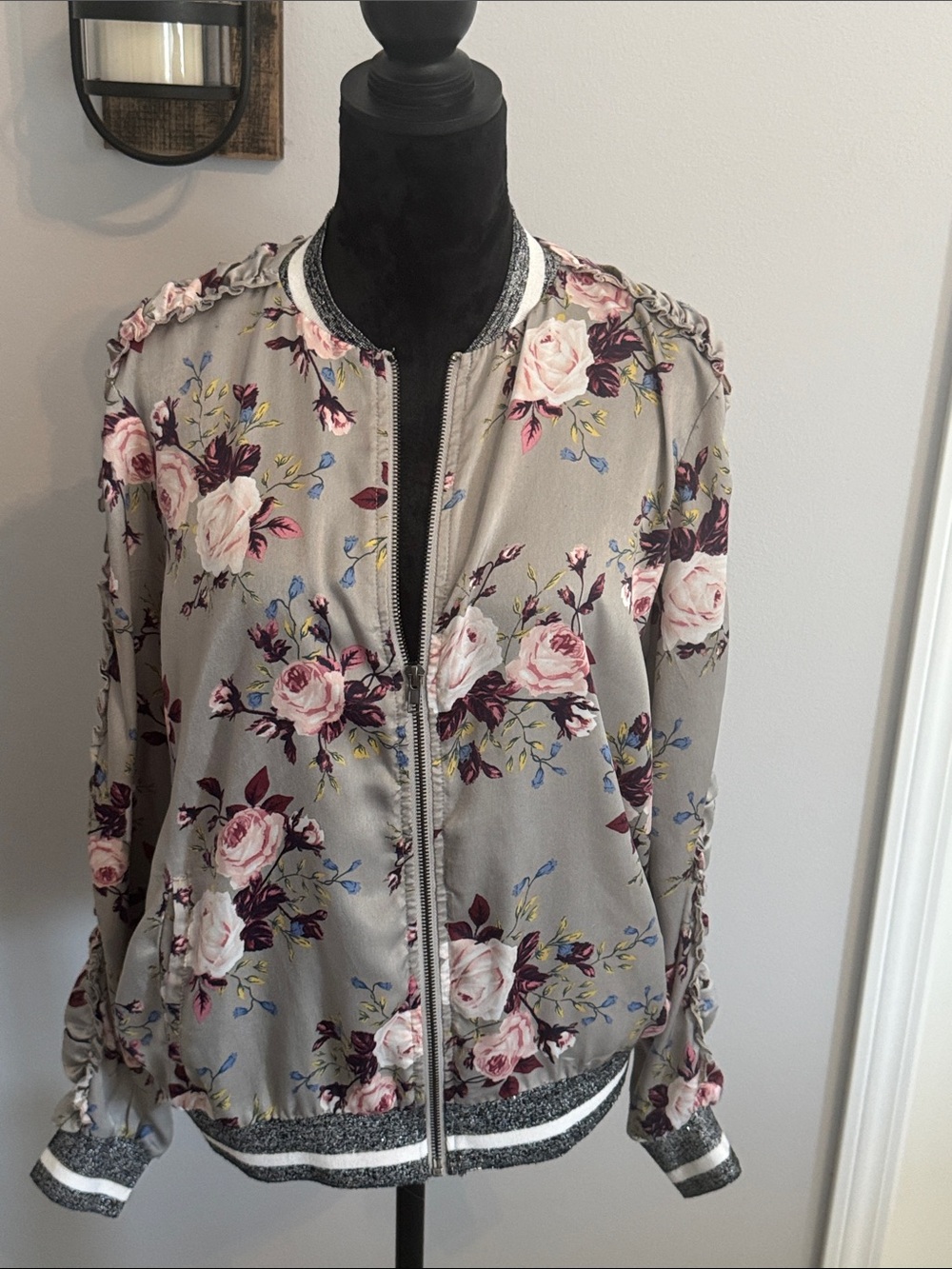 gimmicks by BKE Taupe Floral Bomber Jacket with Pink Roses